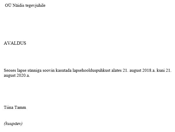 Lapsepuhkuse avalduse näidis